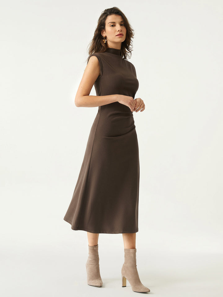 Mockneck Tucks Midi Dress