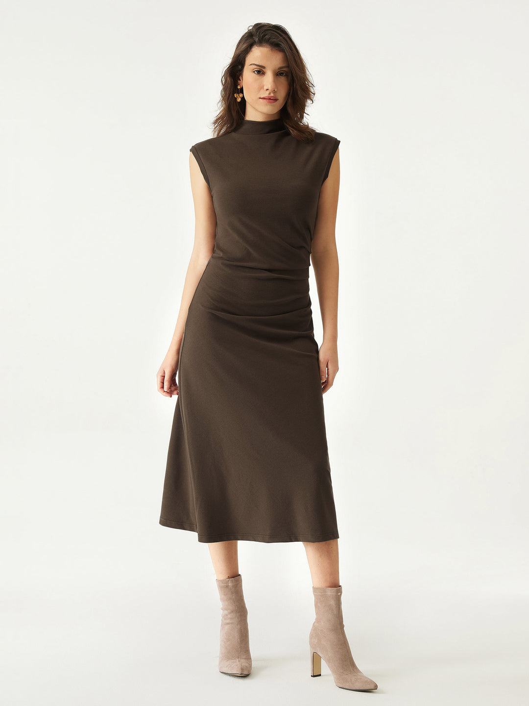 Mockneck Tucks Midi Dress