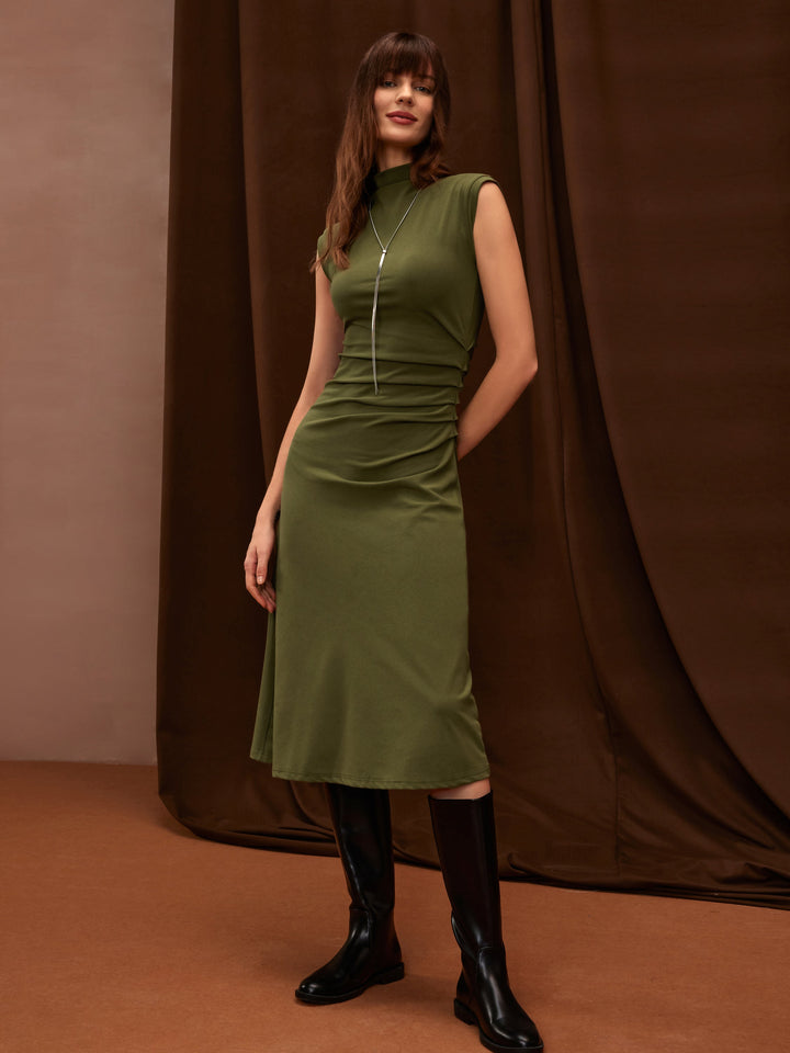 Mockneck Tucks Midi Dress