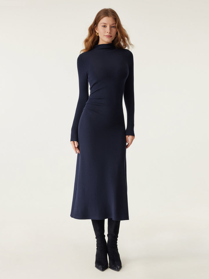 Heat-Tech Long Sleeves Mockneck Tucks Midi Dress