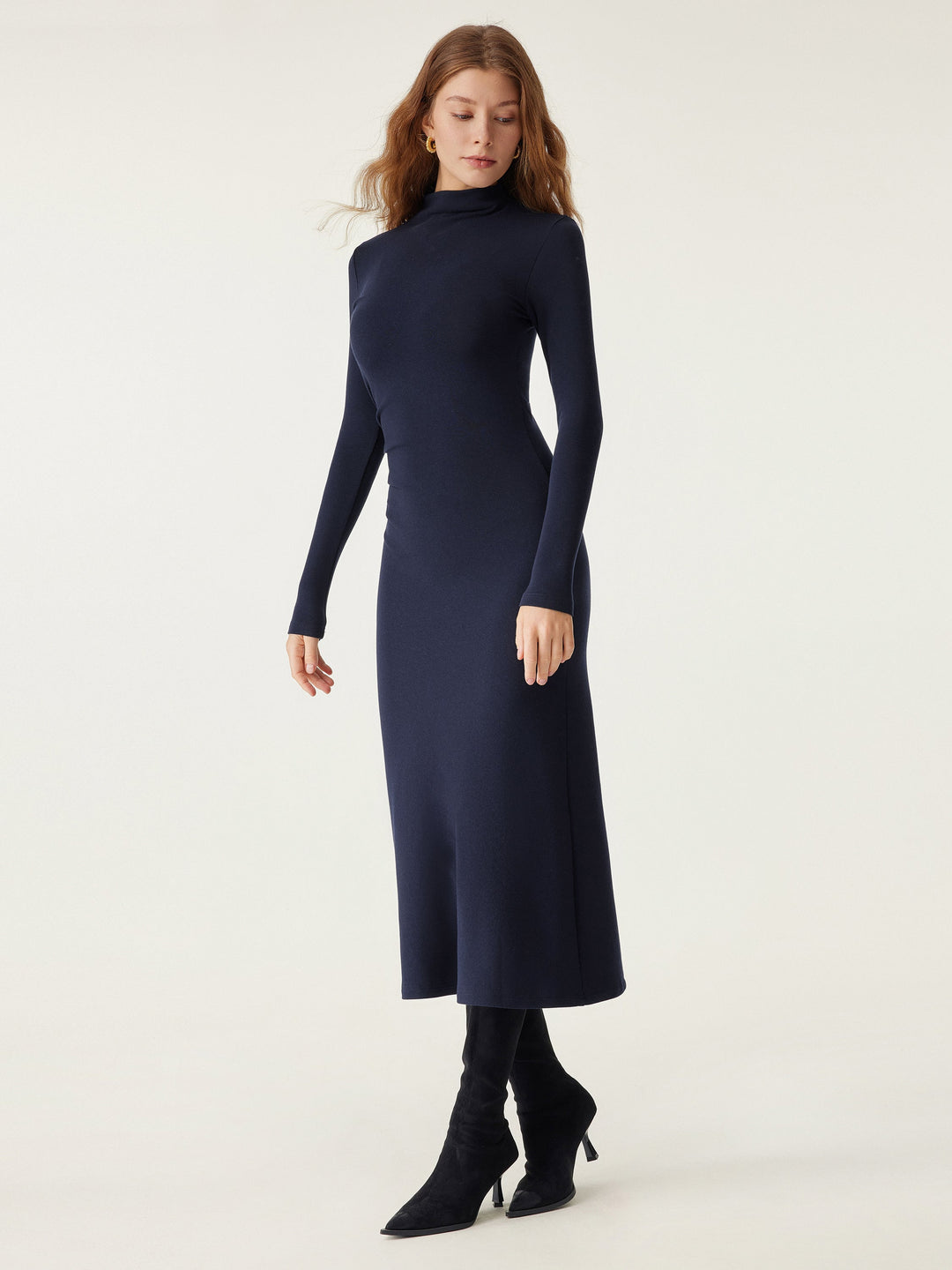 Heat-Tech Long Sleeves Mockneck Tucks Midi Dress