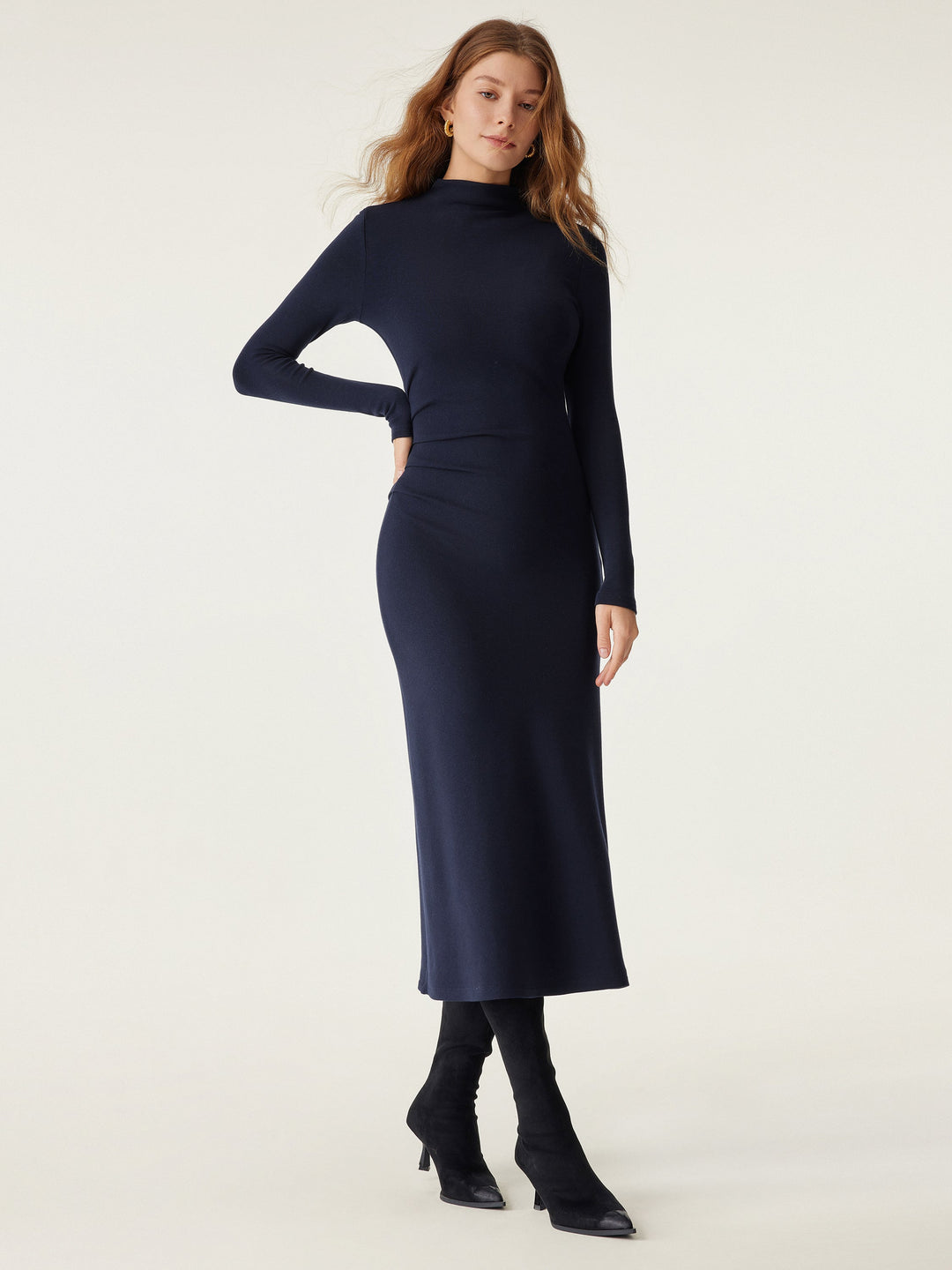 Heat-Tech Long Sleeves Mockneck Tucks Midi Dress