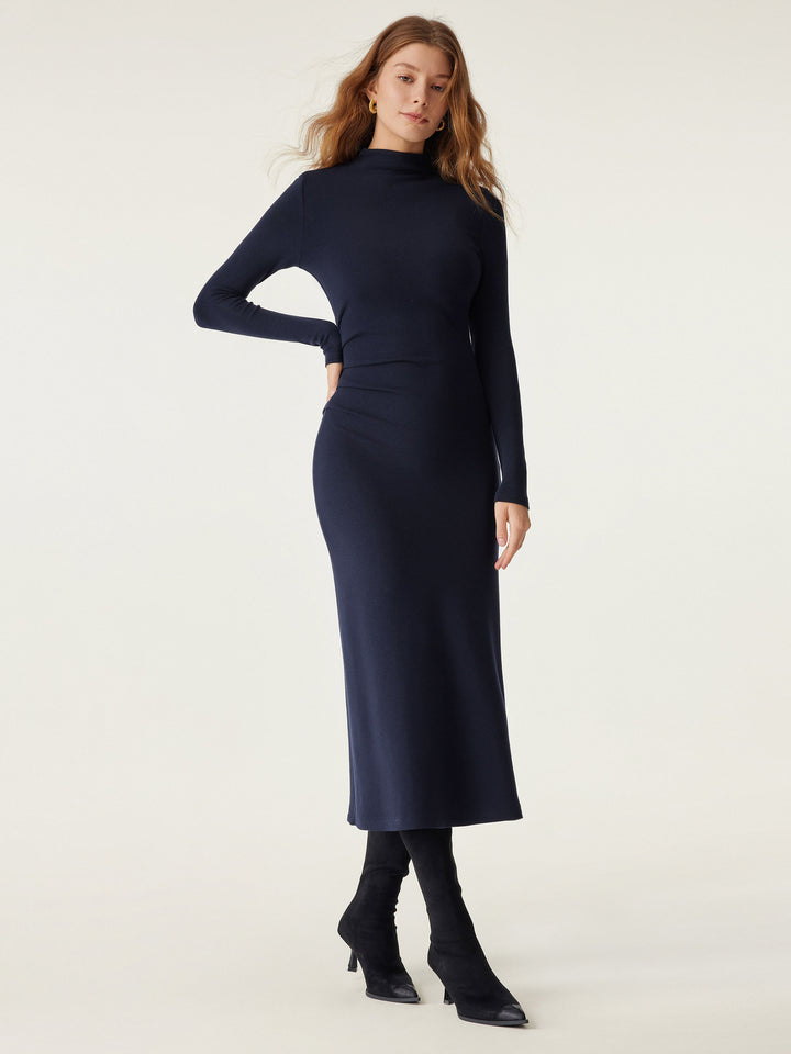 Heat-Tech Long Sleeves Mockneck Tucks Midi Dress