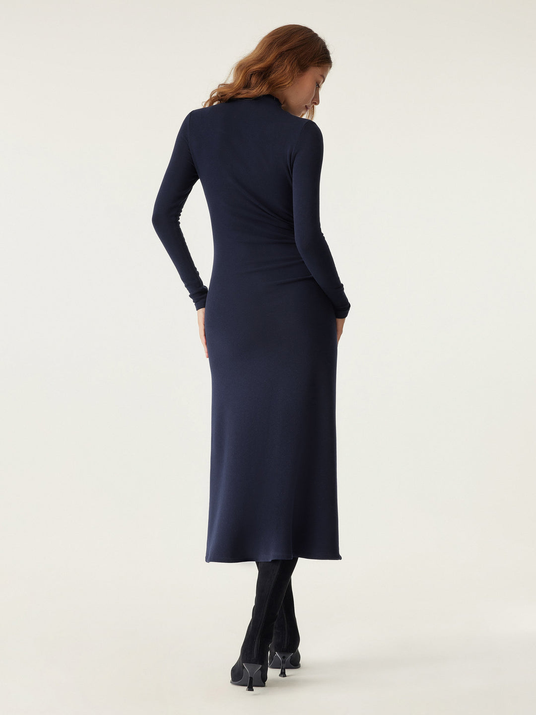 Heat-Tech Long Sleeves Mockneck Tucks Midi Dress